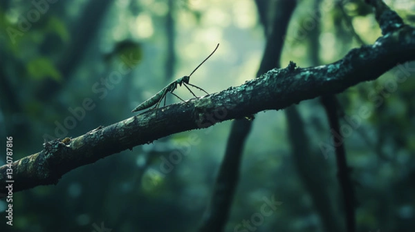 Fototapeta Stick insect camouflaged on branch in natural forest light