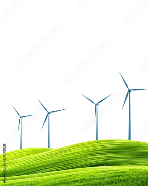Obraz isolated transparent Background. Wind turbines on green hill under clear blue sky, evoking sustainability
