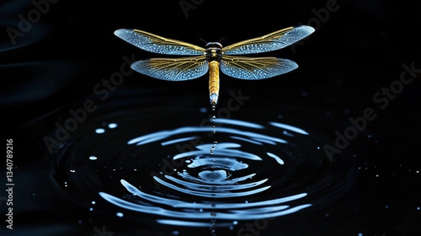 Fototapeta Dragonfly Hovering Above Water Surface with Wing Transparency Effects