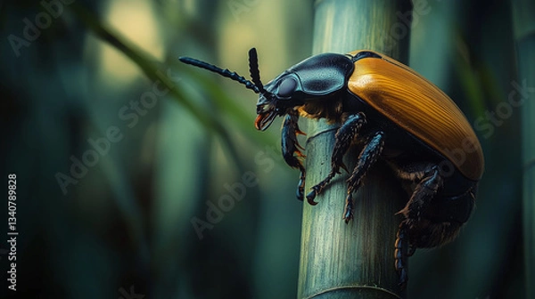 Fototapeta Rhinoceros Beetle Climbing Bamboo in Japanese Minimalist Style