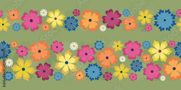 Obraz Seamless vector pattern with green blue red orange flowers, summer background.