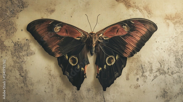 Fototapeta Atlas Moth Wings Spread on Textured Fabric with Measurement