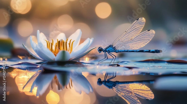 Fototapeta Damselfly perched on water lily with morning mist and light effect