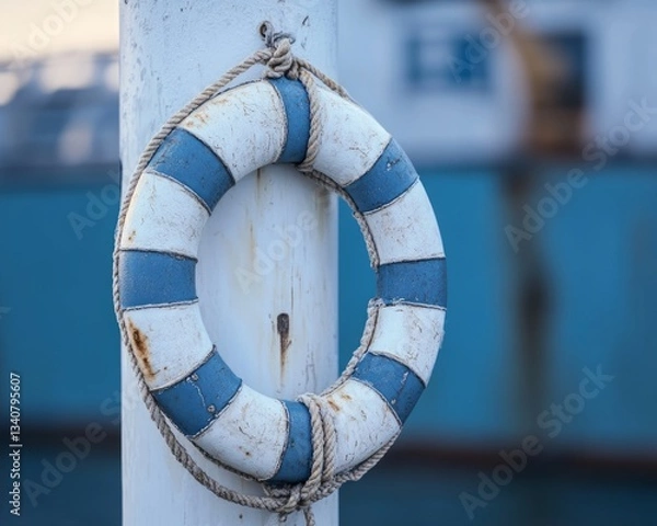 Fototapeta A weathered white-and-blue lifebuoy hanging on a post, with a blurred fishing boat in the harbor background.