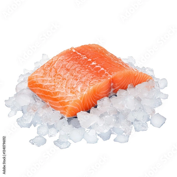 Obraz Fresh salmon fillet resting on a bed of ice cubes, showcasing its vibrant orange color and distinct texture, Transparent Background.