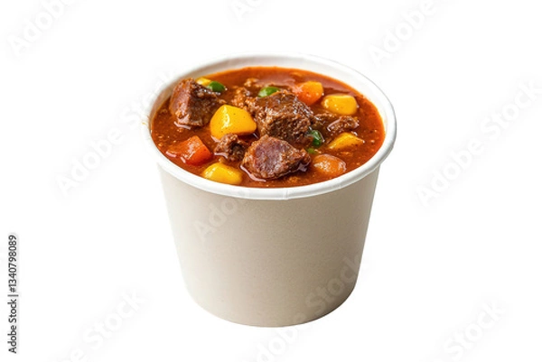 Obraz A hearty bowl of stew filled with tender meat and colorful vegetables, served in a simple paper cup, Transparent Background.