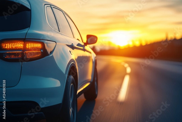 Fototapeta A modern white SUV driving on an open highway at sunset, with the warm golden light reflecting off the sleek body, symbolizing travel.