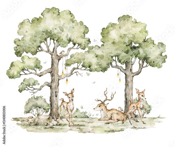 Fototapeta Watercolor composition with forest animals and natural elements. Deers, evergreen trees, flowers. Woodland fairy creatures in the wild. Illustration for nursery, wallpaper