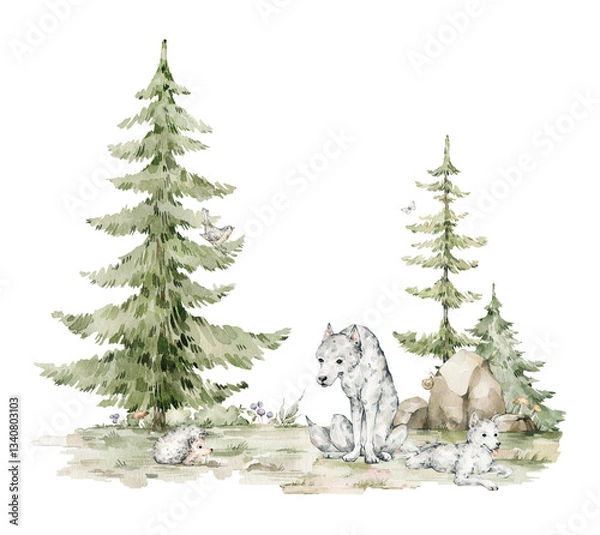 Fototapeta Watercolor composition with forest animals and natural elements. Wolf, hedgehog, evergreen trees. Woodland fairy creatures in the wild. Illustration for nursery, wallpaper