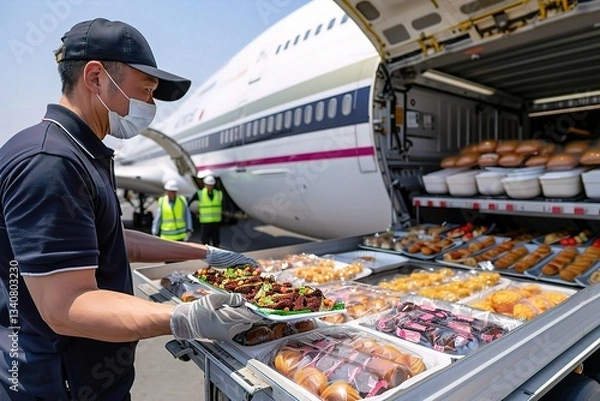 Fototapeta Workers Loading Food Supplies onto an Airplane ,Precision in Aviation Catering, Airline Catering Team at Work, Airport Logistics