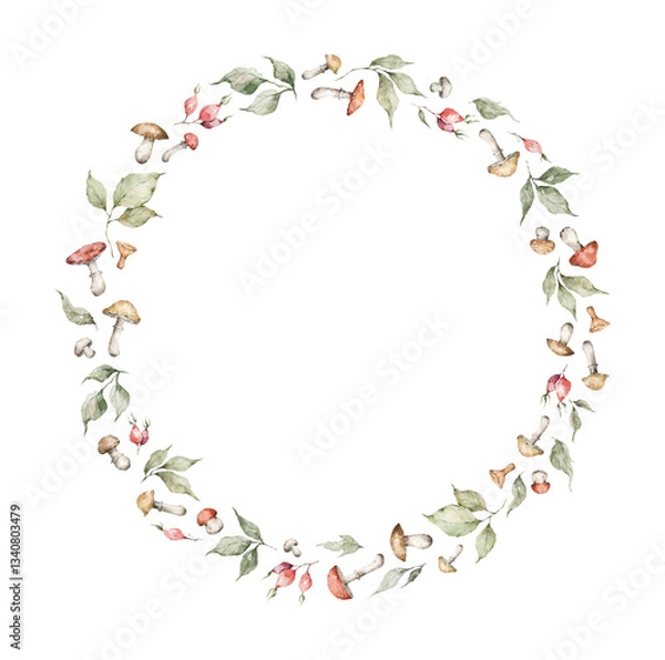 Fototapeta Watercolor wreath with mushrooms and leaves. Hand painted frame with wild autumn plants. Botanical illustration for design, print, fabric or background.
