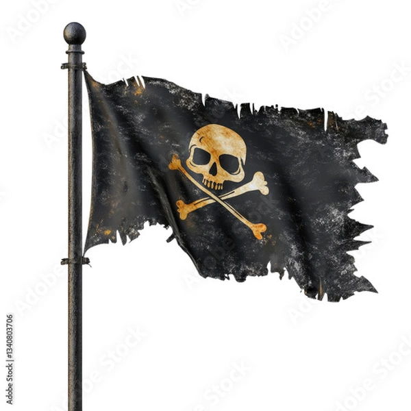 Fototapeta A weathered flag bearing a skull and crossbones symbol flutters on a flagpole, embodying pirate culture and maritime lore, often associated with adventure on the high seas