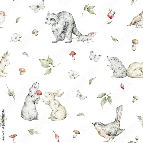 Fototapeta Watercolor seamless pattern with forest animals and natural elements. Rabbits,  badger, raccoon, birds, mushrooms, berries, flowers. Woodland creatures in the wild. Illustration for nursery, wallpaper