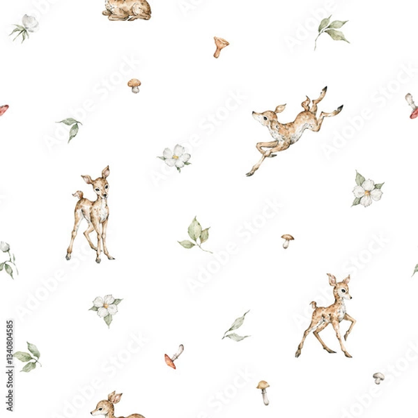 Fototapeta Watercolor seamless pattern with forest animals and natural elements. Baby deers, mushrooms, berries, flowers. Woodland creatures in the wild. Illustration for nursery, wallpaper