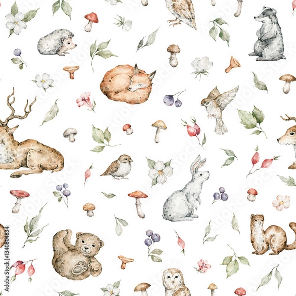 Fototapeta Watercolor seamless pattern with forest animals and natural elements. Bear, fox, deer, badger, rabbit, mushrooms, berries, flowers. Woodland creatures in the wild. Illustration for nursery, wallpaper
