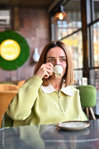 Fototapeta カフェでコーヒーを飲む美しい女性