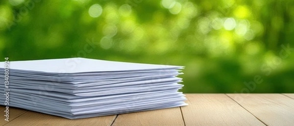 Obraz Stack of Papers on Wooden Table with a Green Nature Background