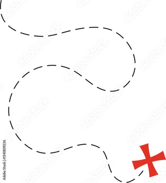 Obraz Treasure map element. A reddashed line and red X mark ink on the map, the treasure map with a dotted line, X marks the spot, dashed line to an X