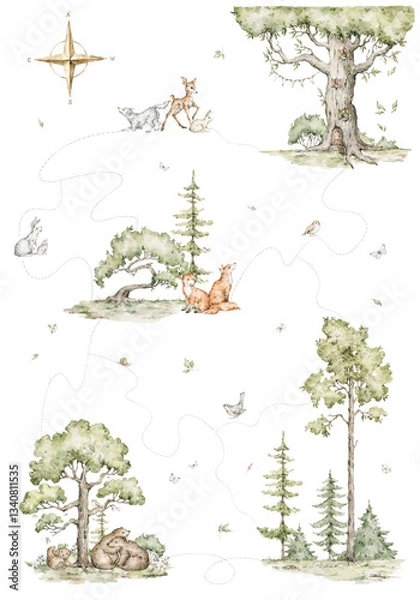 Fototapeta Watercolor fantasy forest map. Poster for nursery. Fairy woodland animals, deer, bear, fox, map tracks, evergreen trees, treehouse. Illustration for covers, cards, invitations