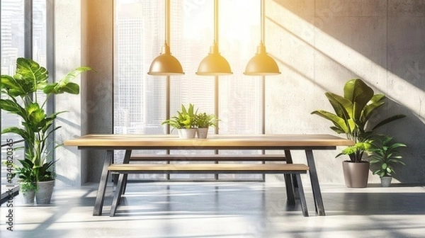 Fototapeta Modern Minimalist Dining Area with Natural Light and Green Plants