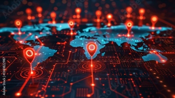 Fototapeta Global network visualization showing vulnerabilities in data protection and firewalls against malware attacks
