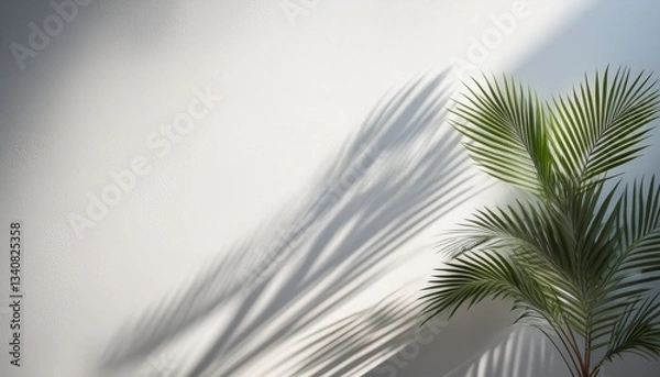 Fototapeta palm and wall background with blurred foliage shadow on white wall