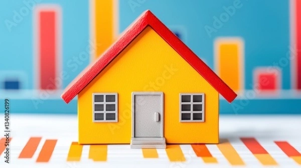 Fototapeta A colorful toy house stands on a vibrant background, symbolizing real estate and housing market trends.