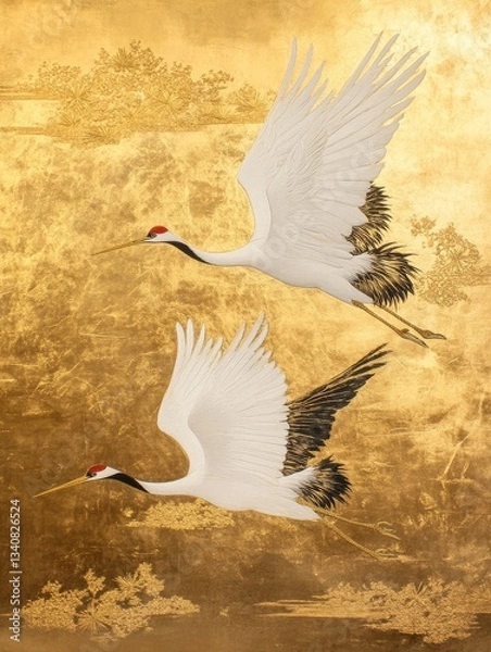 Fototapeta Two white and gold cranes flying in the sky, Ai generated