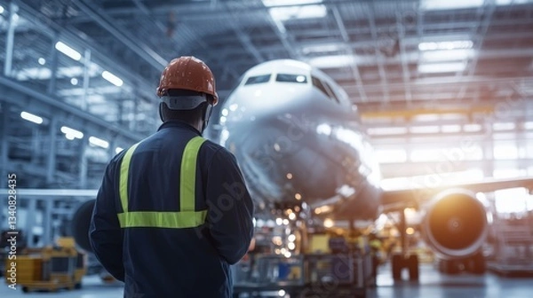 Fototapeta Aircraft technician inspecting a plane in a spacious hangar with tools and equipment around