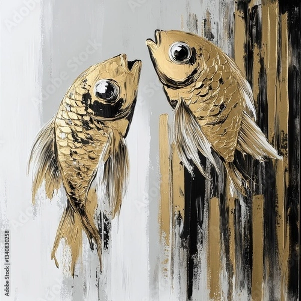 Obraz Surreal oil gold painting with two fishes, AI generated