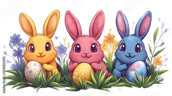 Obraz Easter Bunnies with Eggs: Three adorable Easter bunnies in vibrant colors, each cradling a decorated egg amidst a colorful springtime scene filled with flowers and fresh green grass.