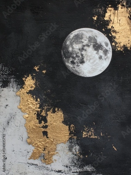Fototapeta Minimal golden painting with full moon, AI generated