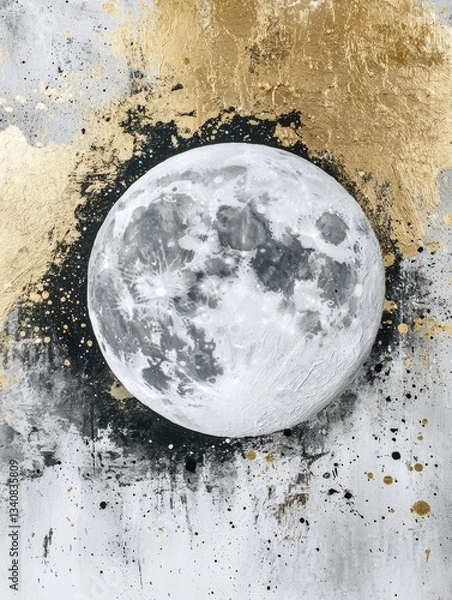 Fototapeta Minimal golden painting with full moon, AI generated