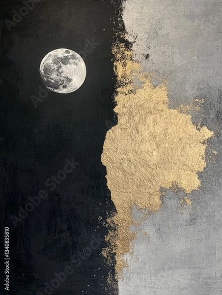 Fototapeta Minimal golden painting with full moon, AI generated
