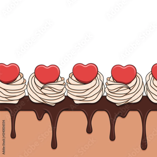 Obraz Horizontal seamless pattern with cream cake decorated with hearts. Vector color background.