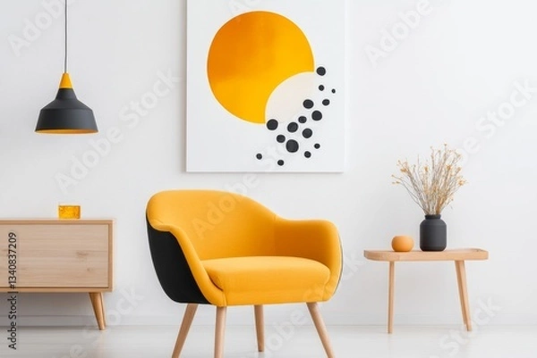 Fototapeta A brightly colored retro armchair with rounded edges and wooden legs, placed in a cozy living room with mid-century decor