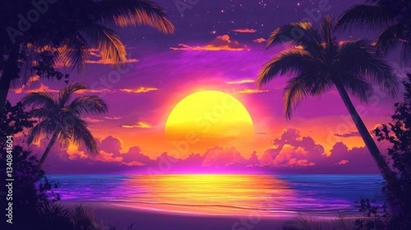 Fototapeta Digital illustration of a sunset over the sea, with palm trees on the shore.