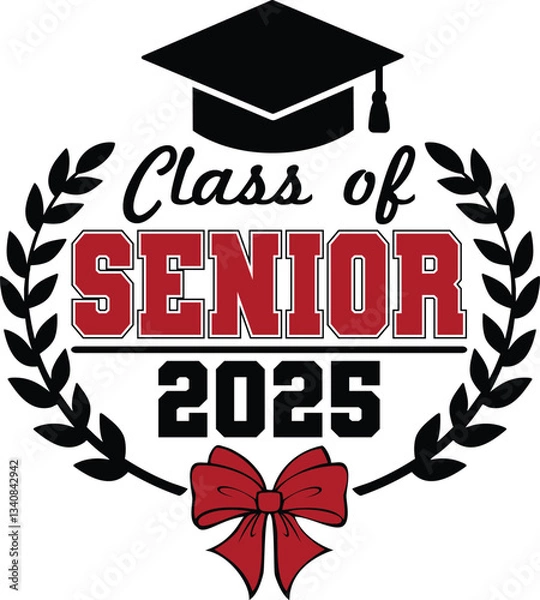 Fototapeta Class of Senior 2025 vector design, perfect for t-shirt screen printing, mugs, bags, and more. Ideal for graduation celebrations with a stylish cap and laurel wreath.