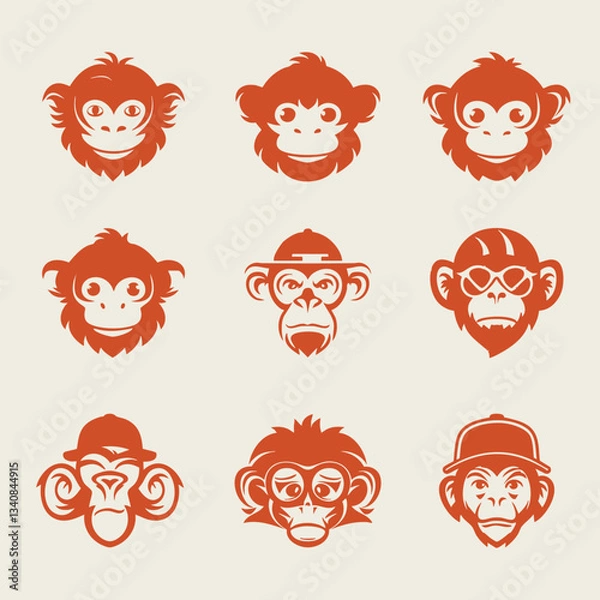Fototapeta Creative Monkey Face Icon Set - Cartoon Animal Mascots, Fun Monkey Graphic Design, Playful Vector Emblem - Editable EPS SVG AI