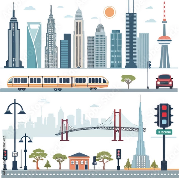 Fototapeta Dynamic icon pack of Urban Life Infrastructure Info graphic buildings. Generative AI.