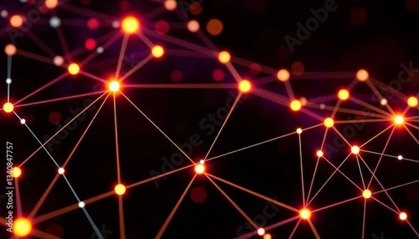 Fototapeta Abstract glowing network nodes and lines, dark background, illustration, signal