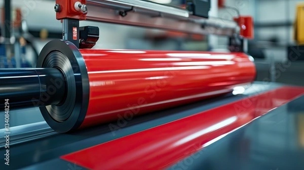 Fototapeta Close-up of industrial laminating machine with red roller processing sheet material, manufacturing technology background