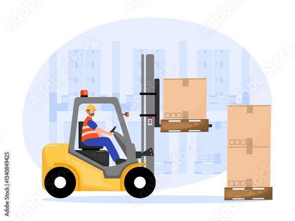 Obraz A vector illustration of a warehouse worker operating a forklift, lifting boxes in a storage facility.