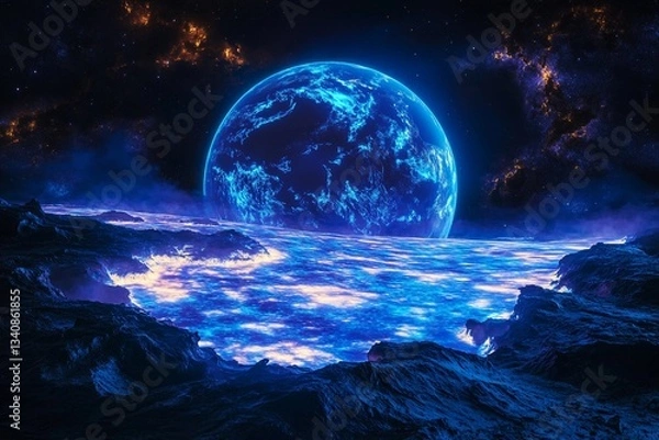 Fototapeta Vivid ocean waves illuminated by a bright azure celestial body at night