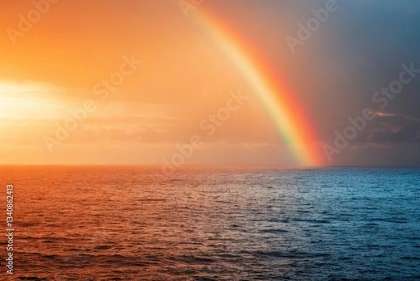 Fototapeta Golden sunset sky above a forest with a brilliant rainbow, mist rising from the mountains scenic nature background