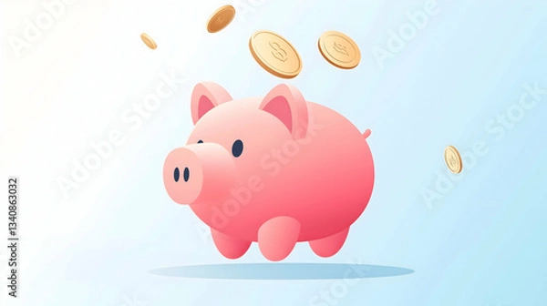 Fototapeta A cartoon piggy bank is animatedly surrounded by floating coins, symbolizing savings and financial growth in a vibrant, light blue background.