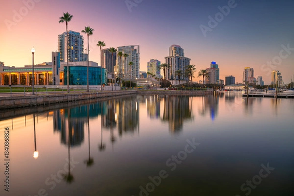 Obraz St. Petersburg, Florida, USA. Cityscape image of St. Petersburg, Florida with reflection of the city skyline in the water at beautiful sunset.