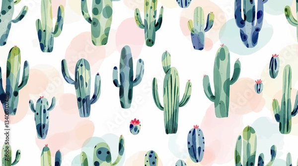 Fototapeta Watercolor pattern cactus on white background