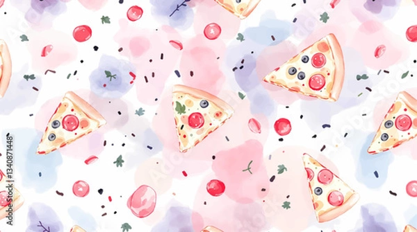 Obraz Seamless watercolor pattern featuring isolated pizza slices on a clean white background ideal for fast food and Italian cuisine designs