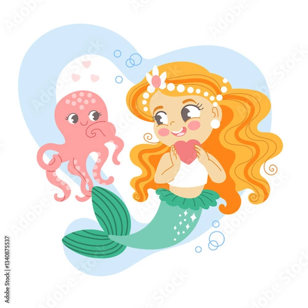 Obraz Cute cartoon mermaid character. Under the sea card. Simple and cute illustration isolated on a white background. Vector illustration. For cards, print, design, stickers, fabric and invitation